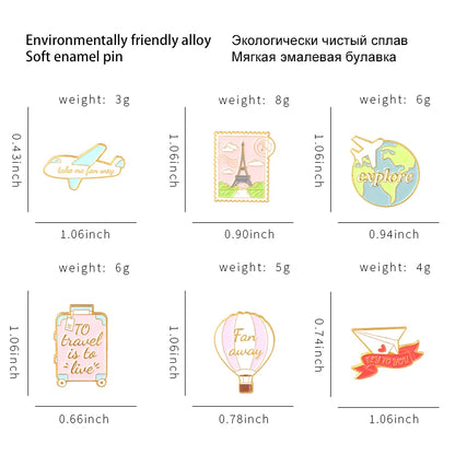 Traveling Quote Enamel Pin World Eiffel Tower Suitcase Brooches Clothes Badge Lapel Jewelry Gifts For Traveling Friend Wholesale