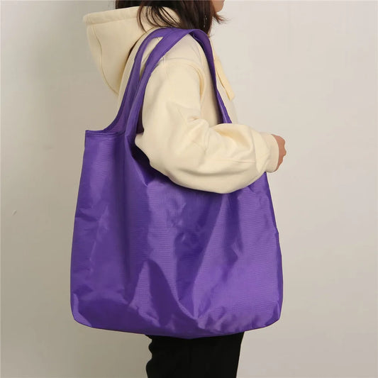 Eco-Friendly Folding Shopping Bag Waterproof Reusable Shoulder Handbag for Travel Grocery Fashion Pocket Tote Solid Color Bag