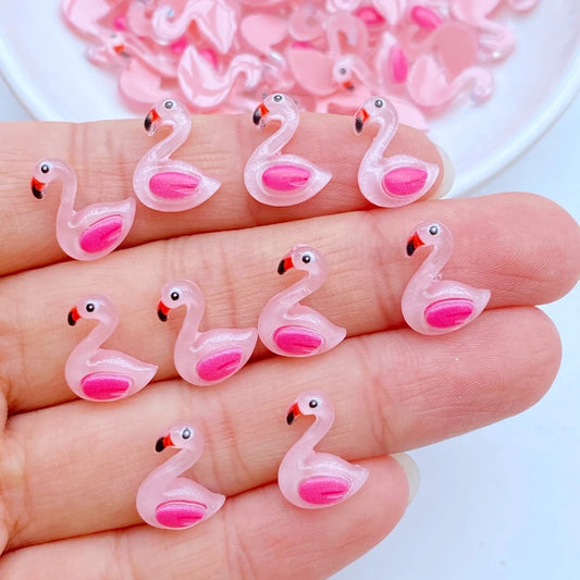 50Pcs New Cute Mini 10*13mm Cartoon Animal Flamingo Resin Figurine Crafts Flatback Ornament Jewelry Making Hairwear Accessories