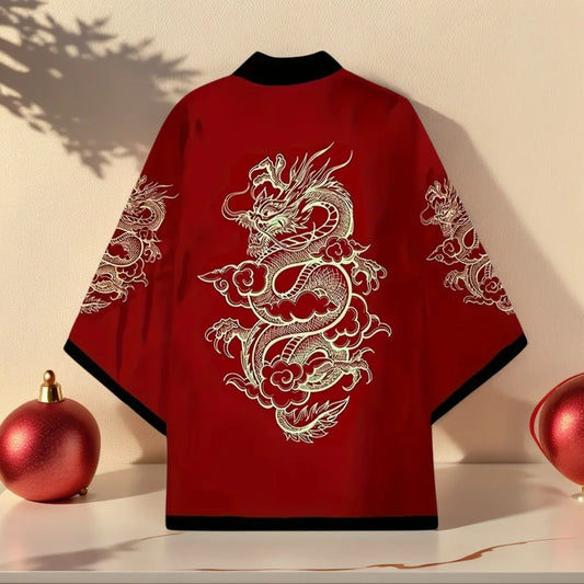 Japanese Kimono Dragon Graphic Print Cosplay Haori Yukata Top Adult Traditional Samurai Loose Kimono Cardigan for Men Women