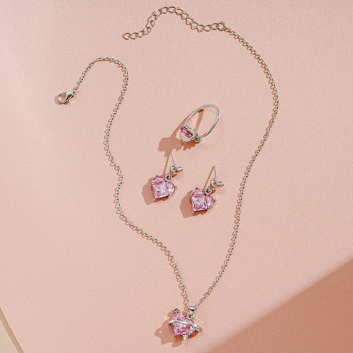 4 Pieces Love Pink Diamond Sweet Earrings Necklaces And Rings Jewelry Set Lightweight And Versatile For Women Mother's Day Gifts