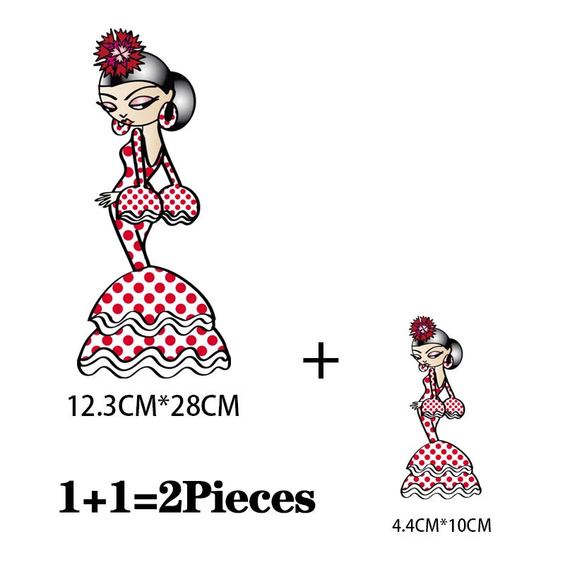 2Pcs/Lot Flamenco Dance Heat Thermal Transfer Fusible Stickers Iron On Thermoadhesive Patches For Clothes Ironing Accessories