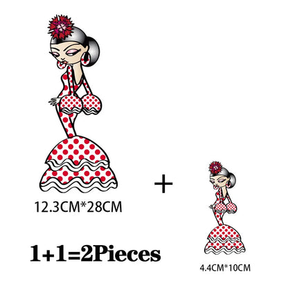 2Pcs/Lot Flamenco Dance Heat Thermal Transfer Fusible Stickers Iron On Thermoadhesive Patches For Clothes Ironing Accessories