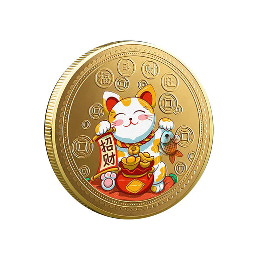 Colorful Lucky Cat Commemorative Coin Gold Plated Collectible Coin Luck of Cat Metal Collection Feng Shui Decoration