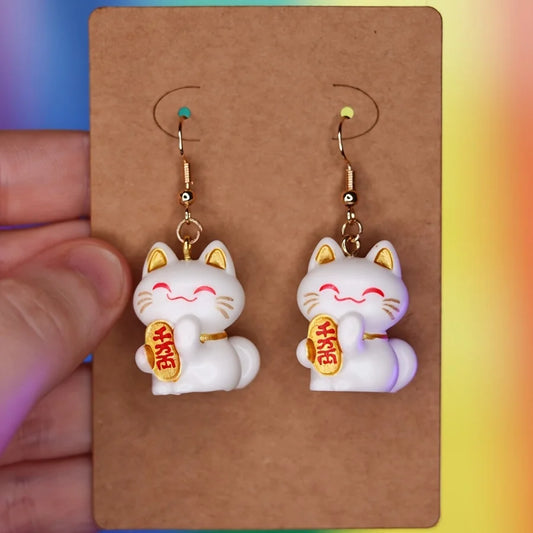 Kawaii Lucky Cat Hook Earrings - Lucky Resin Charm Jewelry, Cute Maneki Neko Earrings for Girls, Gift for Best Friend