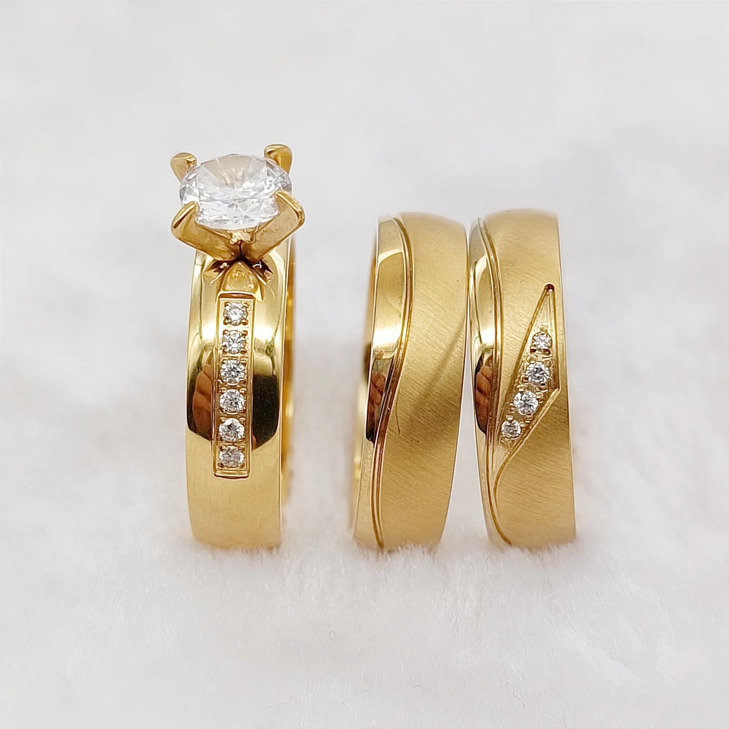 Wedding Rings Sets For Men And Women 3pcs Unique Designer Hammered 24k Gold Plated Jewelry cz Diamond Couples Engagement Ring