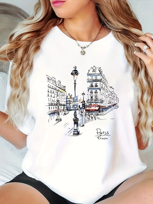 Women'S Paris Street Print T-Shirt Short Sleeve Crew Neck Casual Top with Eiffel Tower Design Spring/Summer/Fall Fashion